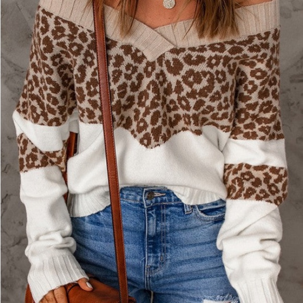 Leopard Splicing Off The Shoulder Sweater
